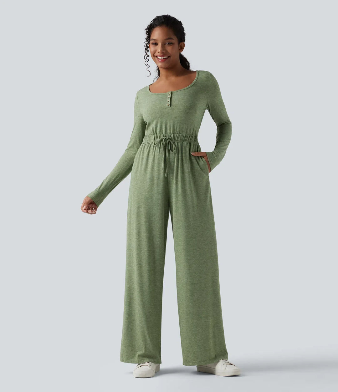 Henley Long Sleeve Drawstring Heathered Casual Baggy Jumpsuit with Pockets-Easy Peezy