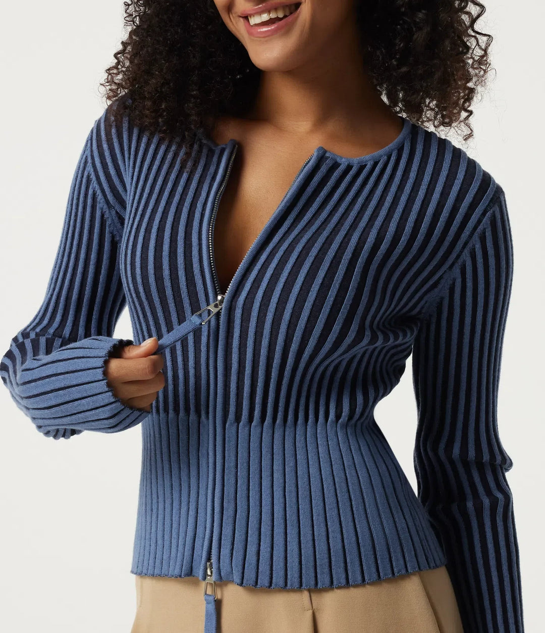 Ribbed Knit Round Neck Long Sleeve Slim Work Cardigan