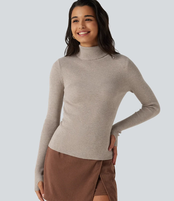 High Neck Long Sleeve Thumb Hole Work Sweater