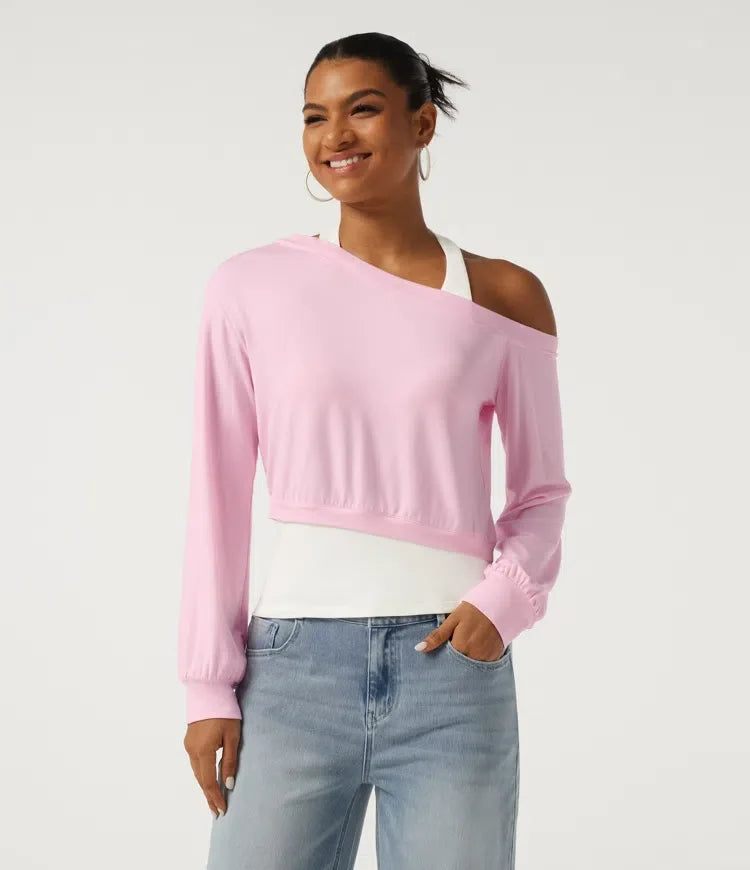 Halter One Shoulder Long Sleeve 2-in-1 Asymmetric Color Block Casual Sweatshirt