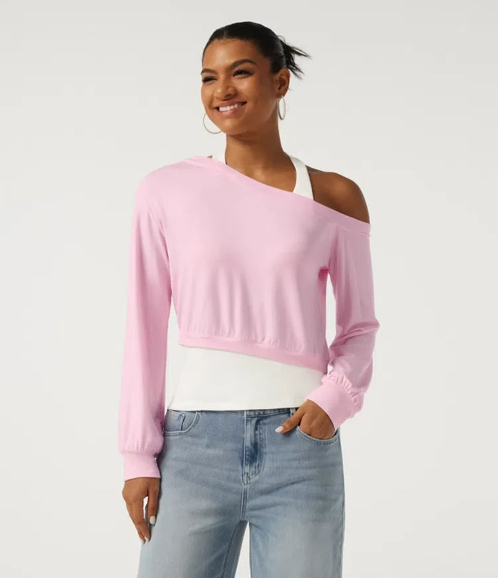 Halter One Shoulder Long Sleeve 2-in-1 Asymmetric Color Block Casual Sweatshirt