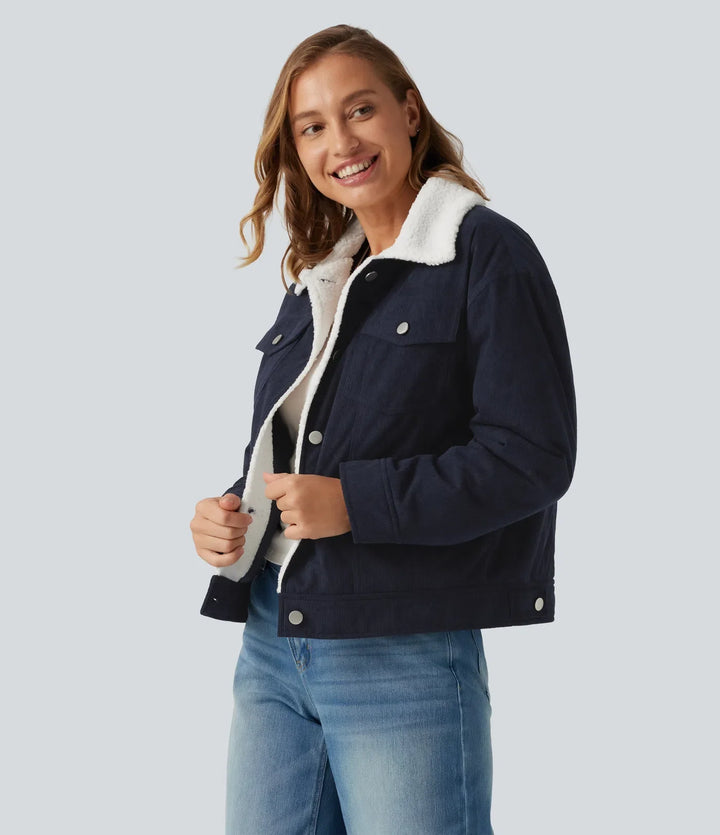 Stand Collar Long Sleeve Corduroy Casual Jacket with Pockets
