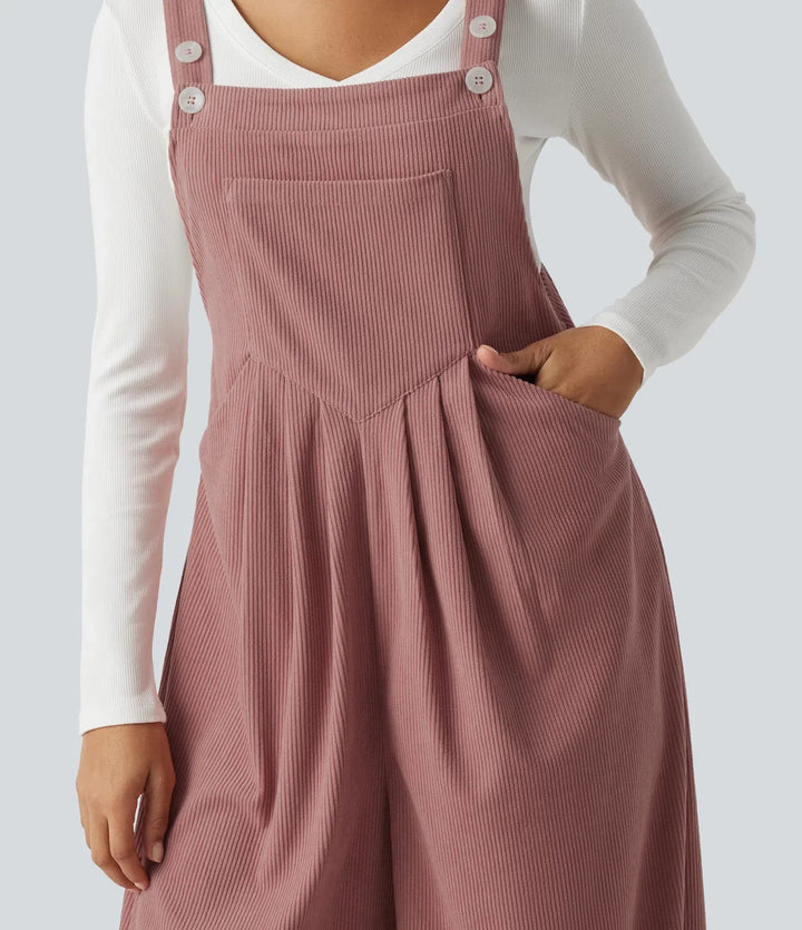 Sleeveless Pleated Corduroy Casual Overalls with Pockets