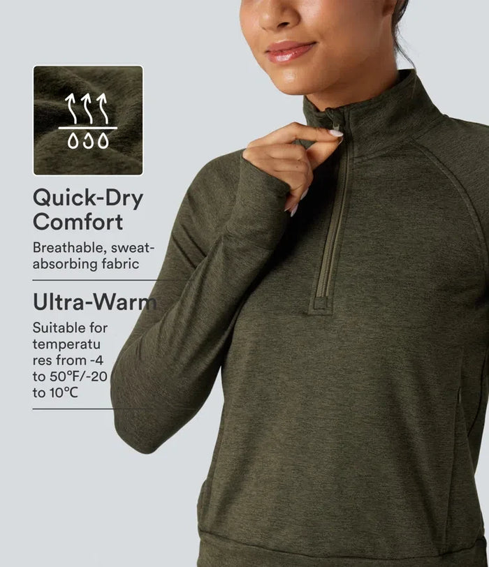 Half Zipper Thumb Holes Quick Dry Fleece Casual Heathered Sweatshirt with Pockets-UPF40+