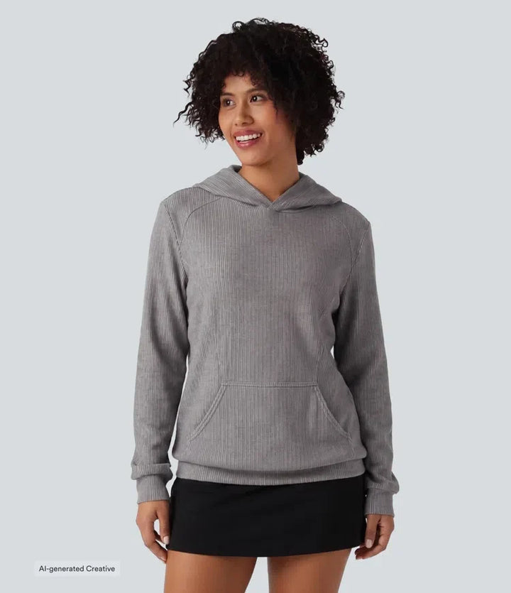 Ribbed Hooded Long Sleeve Casual Sweatshirt with Pocket