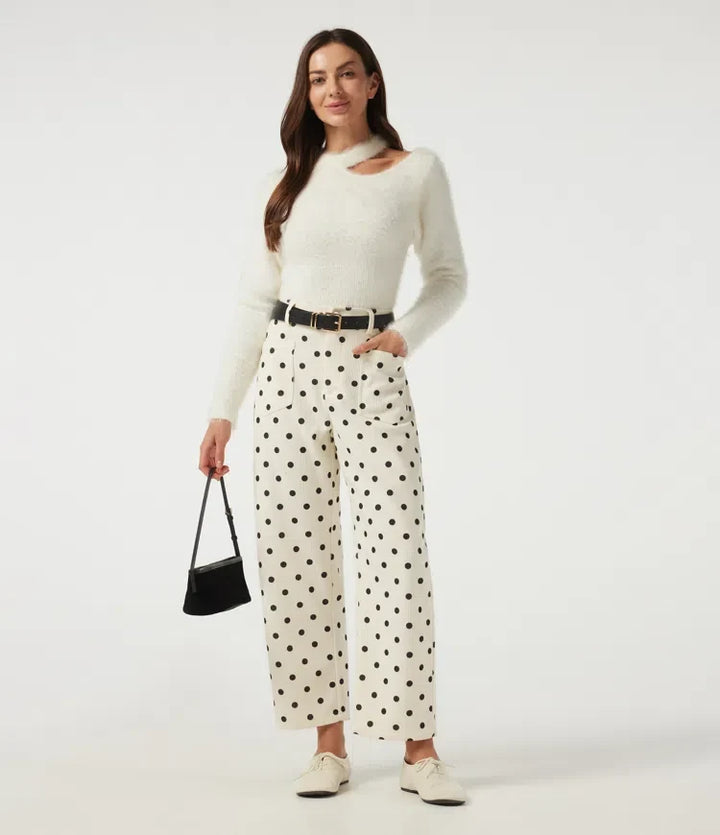 Mid Rise Barrel Leg Polka Dot Corduroy Casual Pants with Pockets