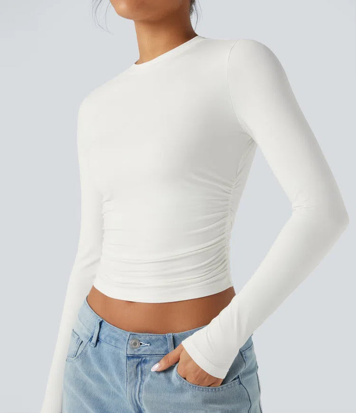 Round Neck Long Sleeve Ruched Casual Top
