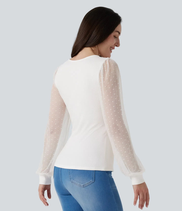 V Neck Long Sleeve Polka Dot Contrast Mesh Casual Blouse