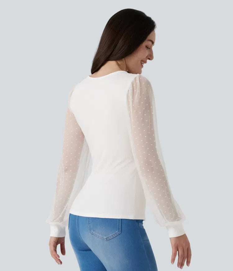 V Neck Long Sleeve Polka Dot Contrast Mesh Casual Blouse