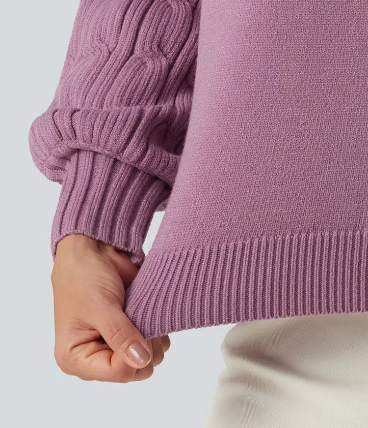 Round Neck Long Sleeve Slit Hem Casual Sweater