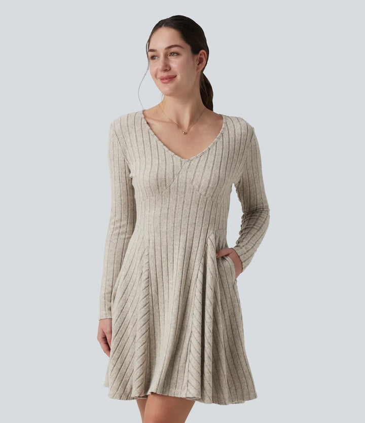 Ribbed Knit V Neck Long Sleeve Flare Mini Casual Dress with Pockets