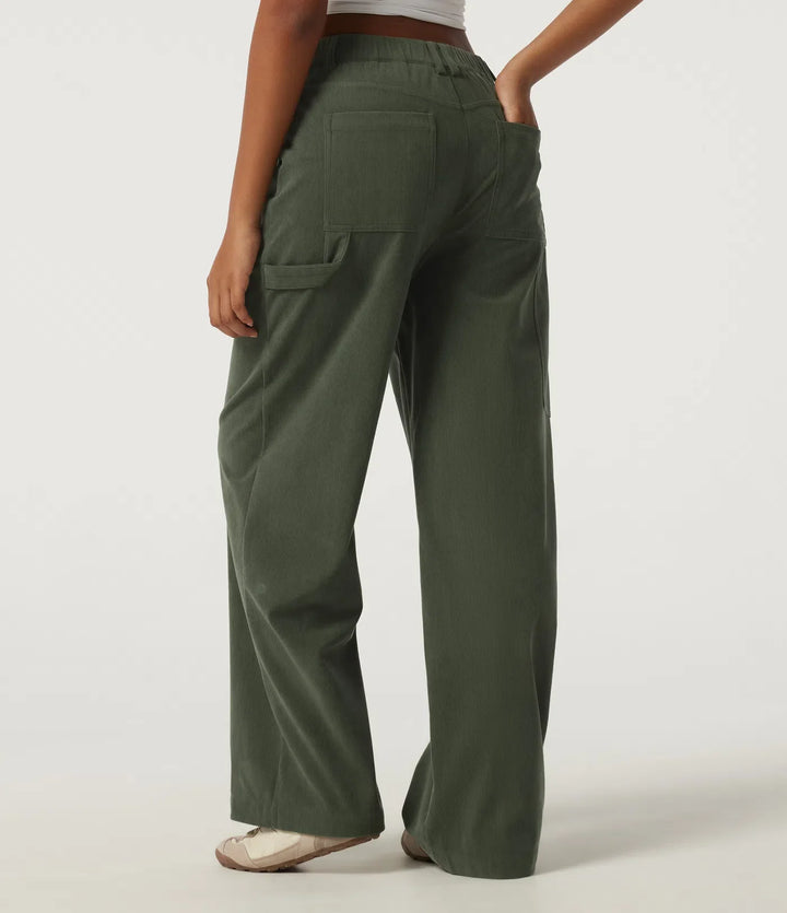 Mid Rise Wide Leg Corduroy Casual Pants with Pockets