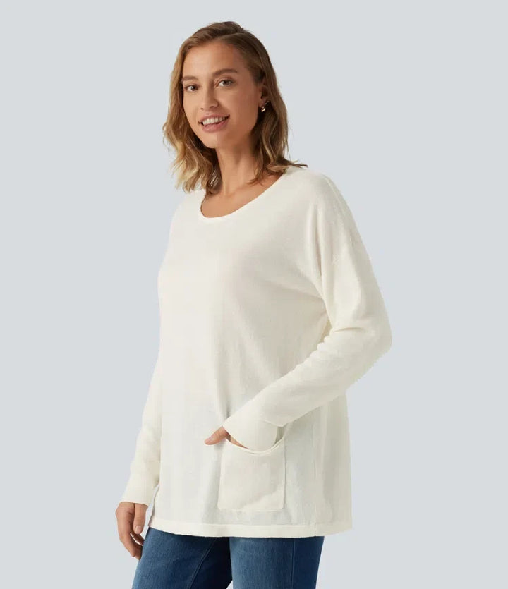 Round Neck Long Sleeve Casual Sweater with Pockets