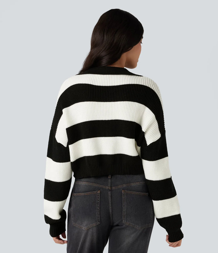 V-neck Long Sleeve Stripe Relaxed Casual Sweater