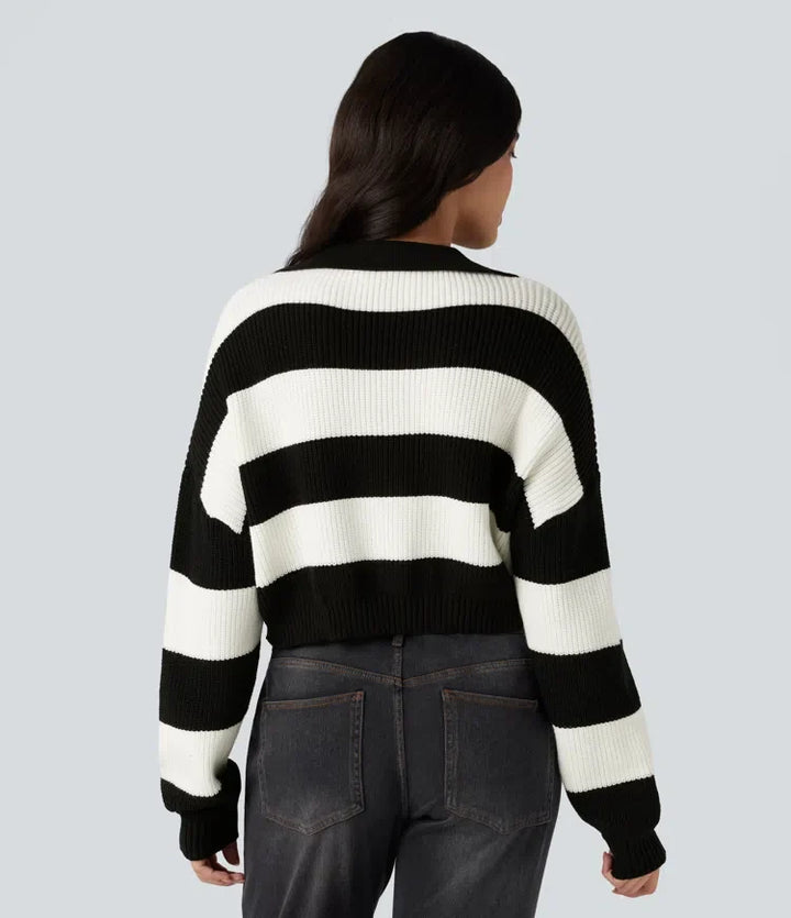 V-neck Long Sleeve Stripe Relaxed Casual Sweater