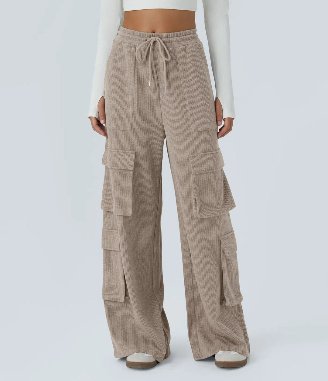 Ribbed Mid Rise Drawstring Pockets Wide Leg Cargo Casual Pants