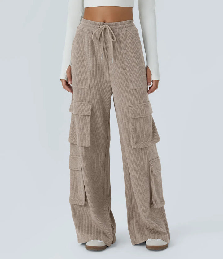 Ribbed Mid Rise Drawstring Pockets Wide Leg Cargo Casual Pants