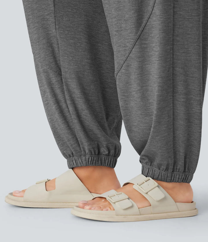 U Neck Drawstring Pockets Casual Jumpsuit
