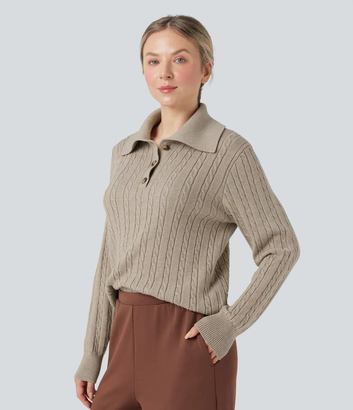 Lapel Long Sleeve Cable Knit Relaxed Fit Work Wool-Blend Sweater