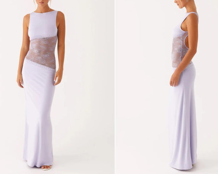 Woman in a lace maxi slip dress