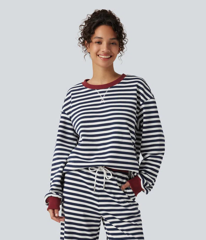 Round Neck Long Sleeve Striped Lounging Sweatshirt