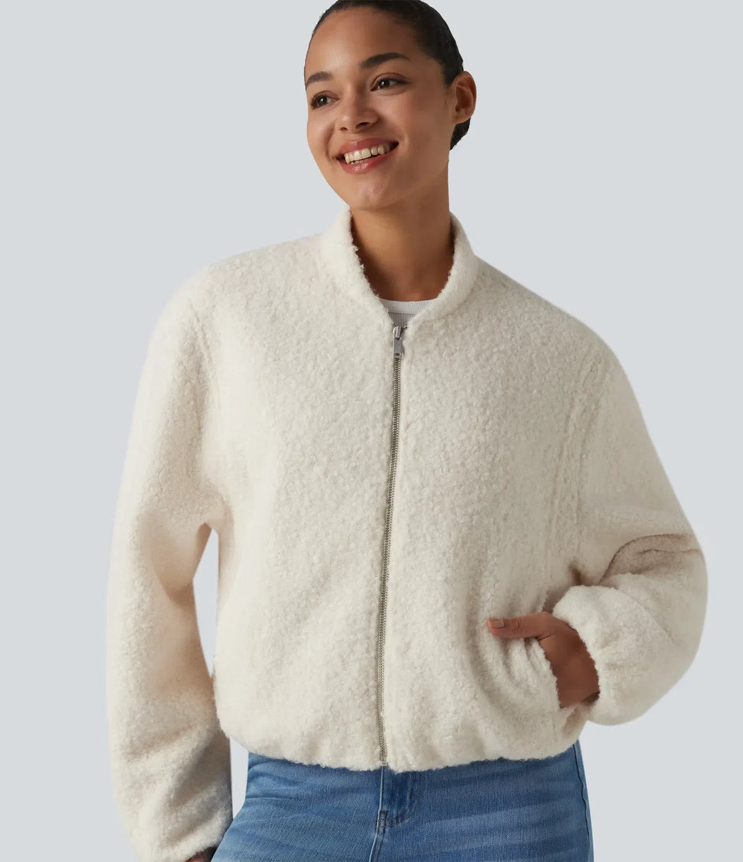 Zip Fly Casual Sherpa Jacket with Pockets