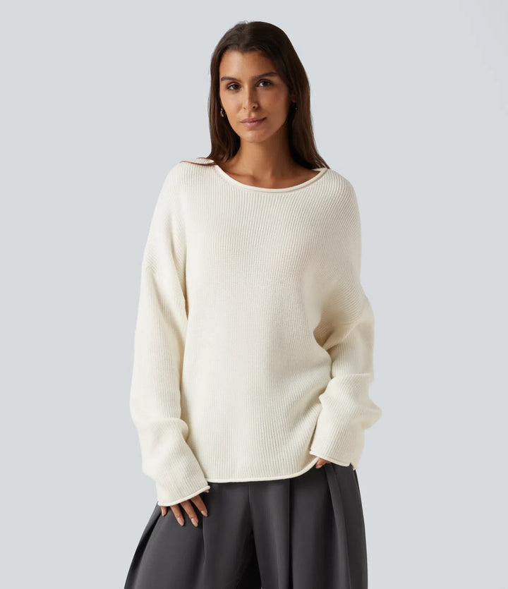 Round Neck Long Sleeve Rolled Hem Work Sweater