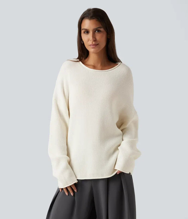 Round Neck Long Sleeve Rolled Hem Work Sweater