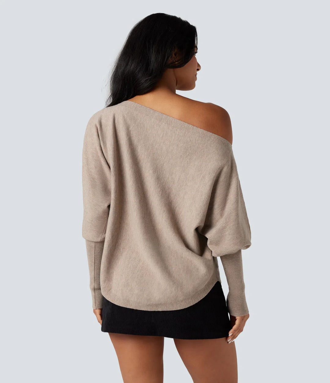 One-shoulder Batwing Sleeve Curved Hem Work Sweater