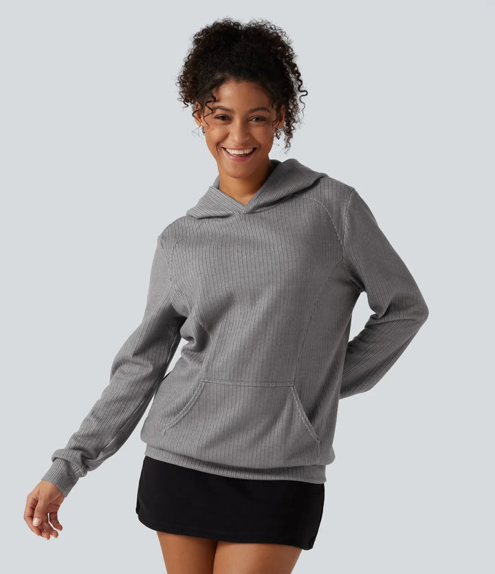 Ribbed Hooded Long Sleeve Casual Sweatshirt with Pocket