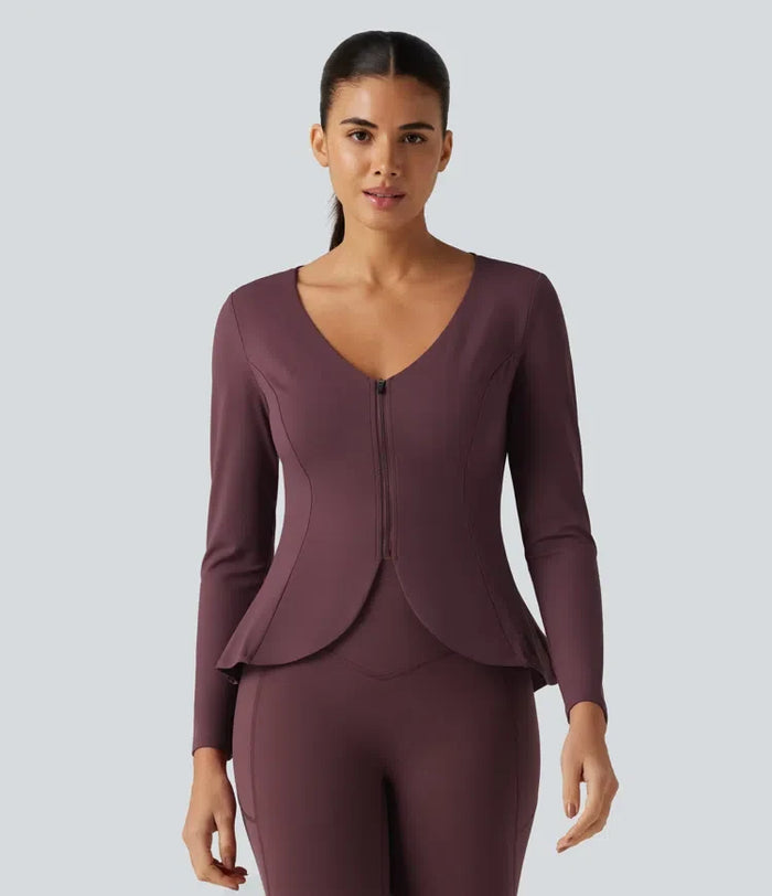 SoftlyZero Plush V Neck Long Sleeve Slim Ruffle Hem Yoga Jacket with Pockets