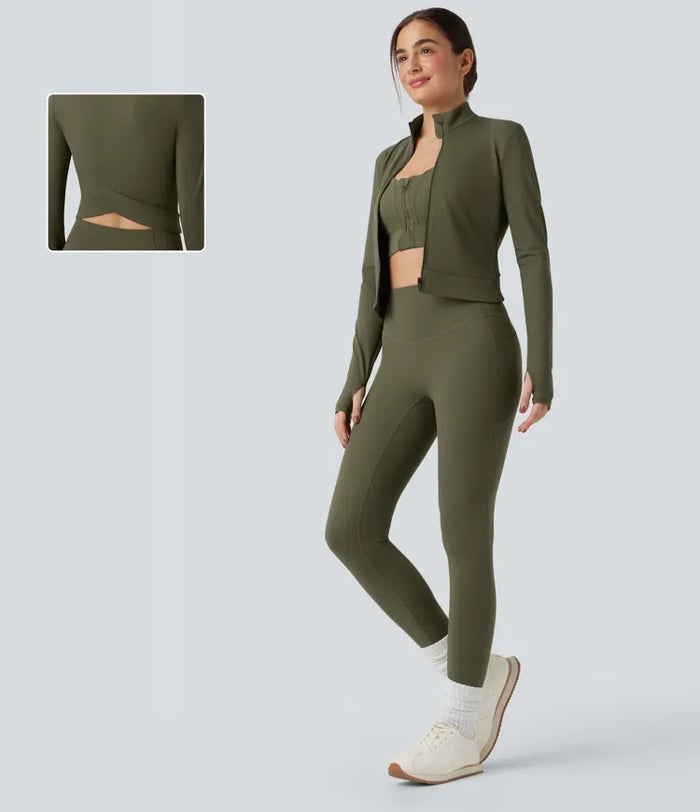 SoftlyZero Plush Stand Collar Long Sleeve Thumb Holes Crossover Back Yoga Jackets