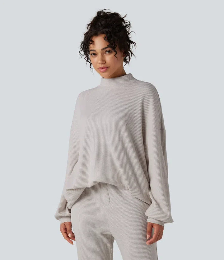 Mock Neck Long Sleeve Relaxed Waffle Casual Sweatshirt with Pockets