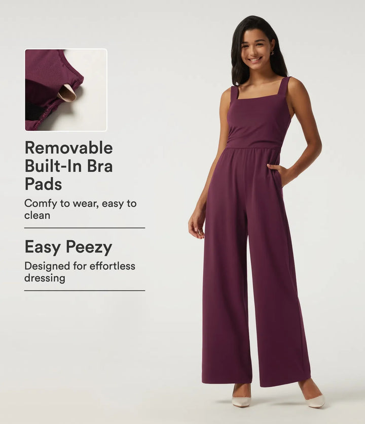 Square Neck Sleeveless Wide Leg Party Jumpsuit with Pockets and Built-in Bra - Easy Peezy Edition