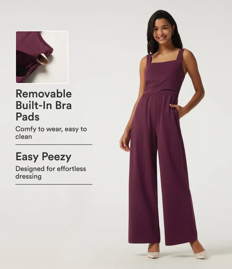 Square Neck Sleeveless Wide Leg Party Jumpsuit with Pockets and Built-in Bra - Easy Peezy Edition