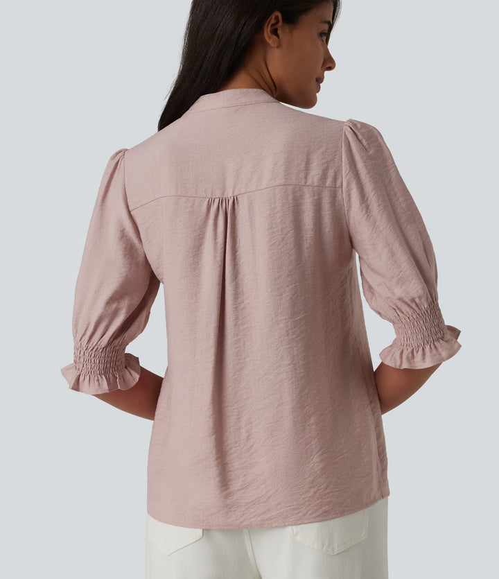 V Neck Puff Short Sleeve Casual Blouse