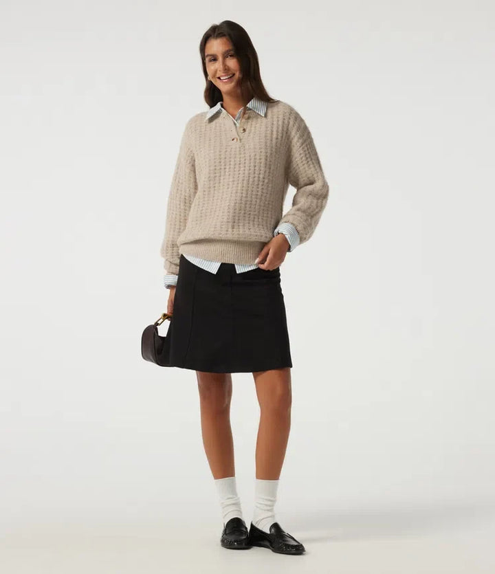 Henley Neck Drop Shoulder Long Sleeve Casual Sweater
