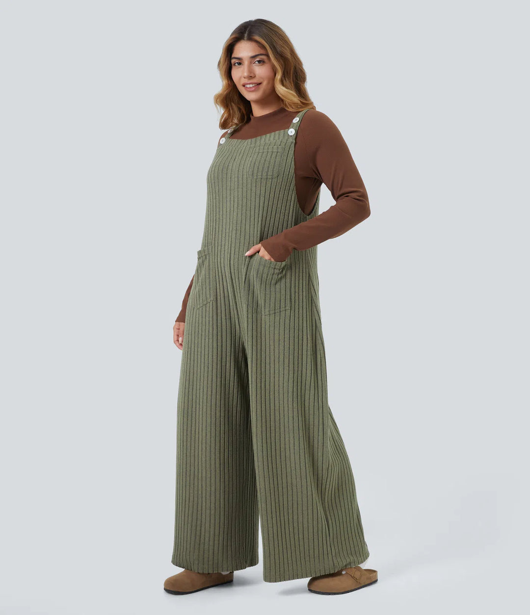 Ribbed Knit Casual Plus Size Overalls with Pockets