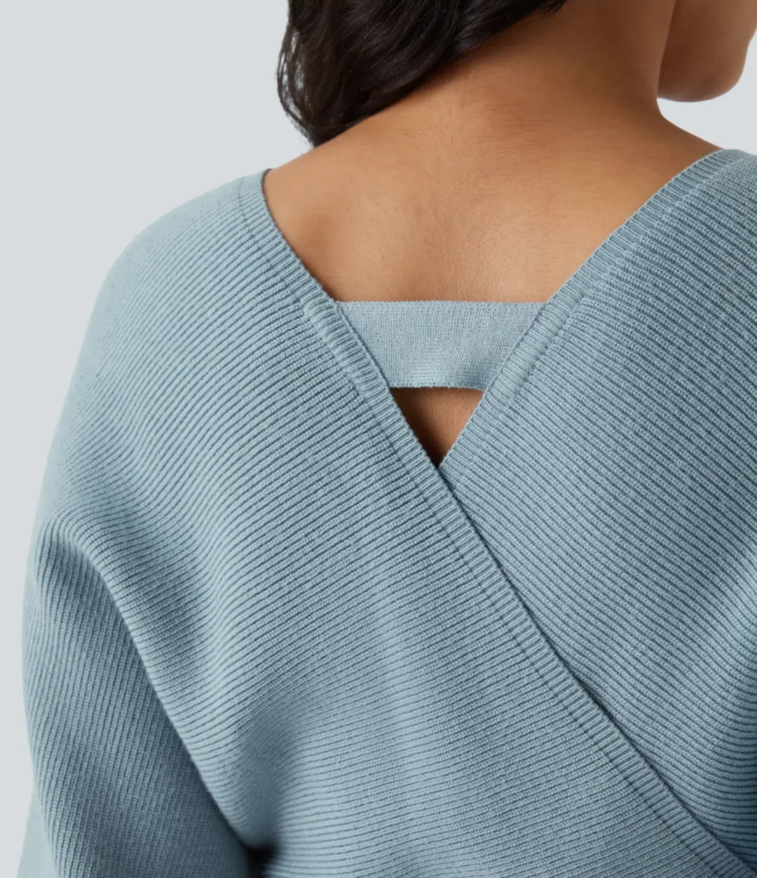 Crossover V Neck  Batwing Long Sleeve Belted Mini Casual Sweater Dress