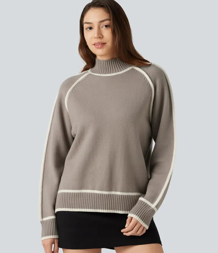 Mock Neck Raglan Long Sleeve Color Block Work Sweater