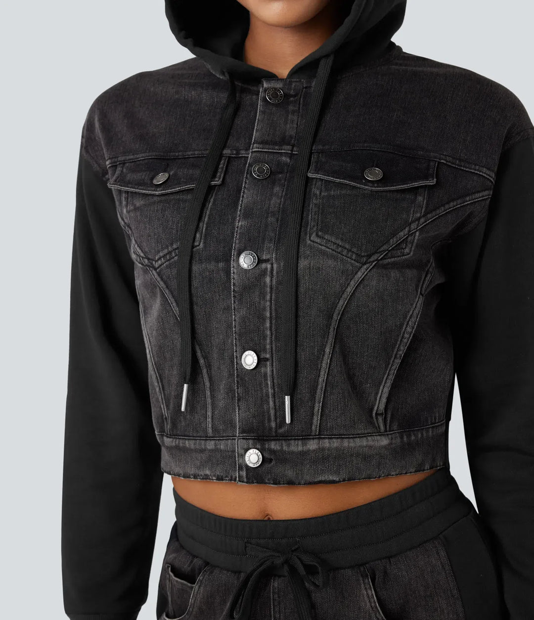 Halara Flex Hooded Drawstring Long Sleeve Patchwork Denim Casual Jacket
