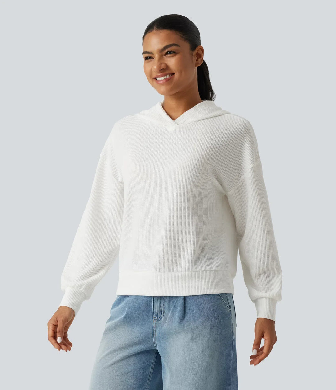 Hooded Drop Shoulder Long Sleeve Waffle Casual Sweatshirt