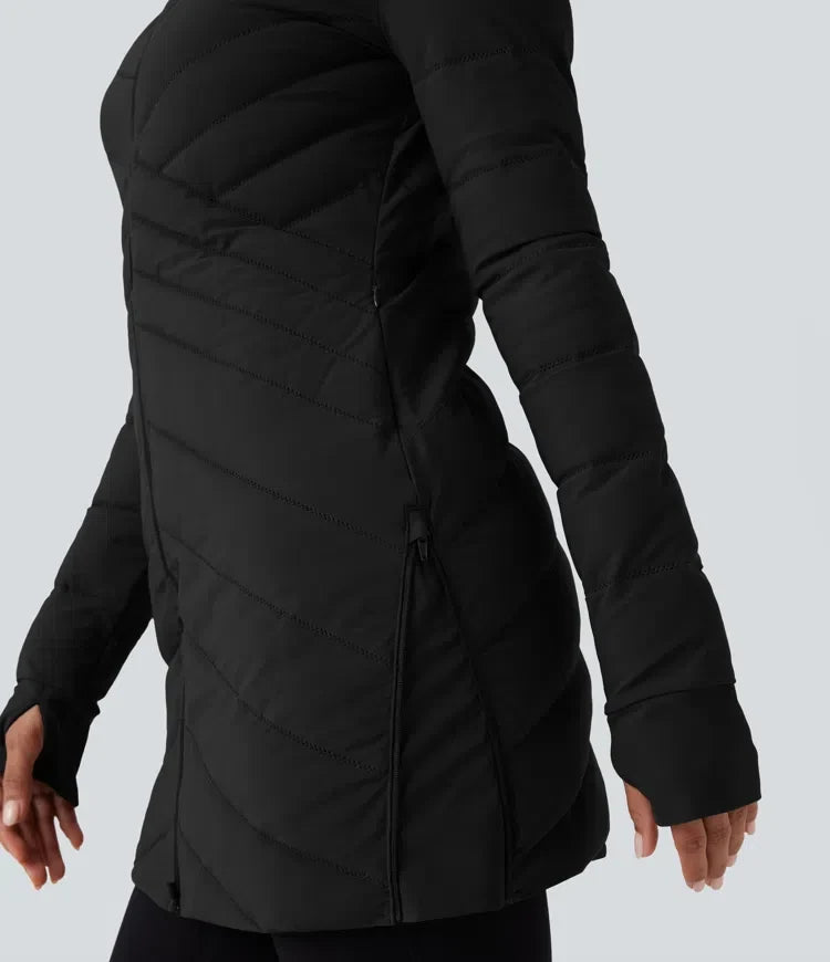 PuffFlex Stand Collar Long Sleeve Thumb Holes Zip Hem Stretchy Slim Casual Quilted Jacket with Pockets