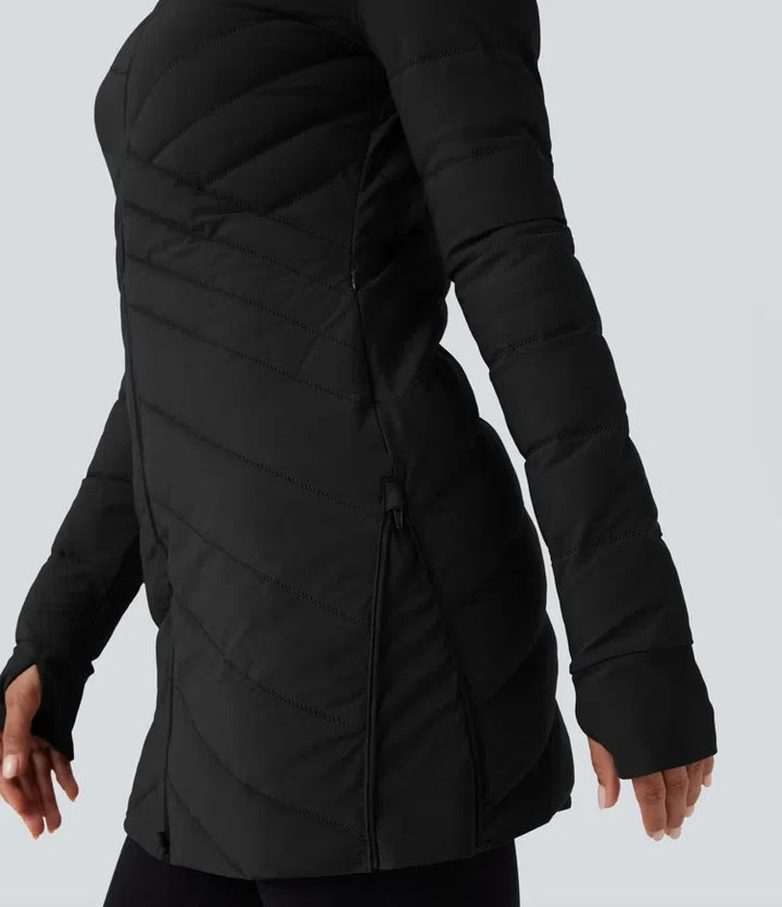 PuffFlex Stand Collar Long Sleeve Thumb Holes Zip Hem Stretchy Slim Casual Quilted Jacket with Pockets