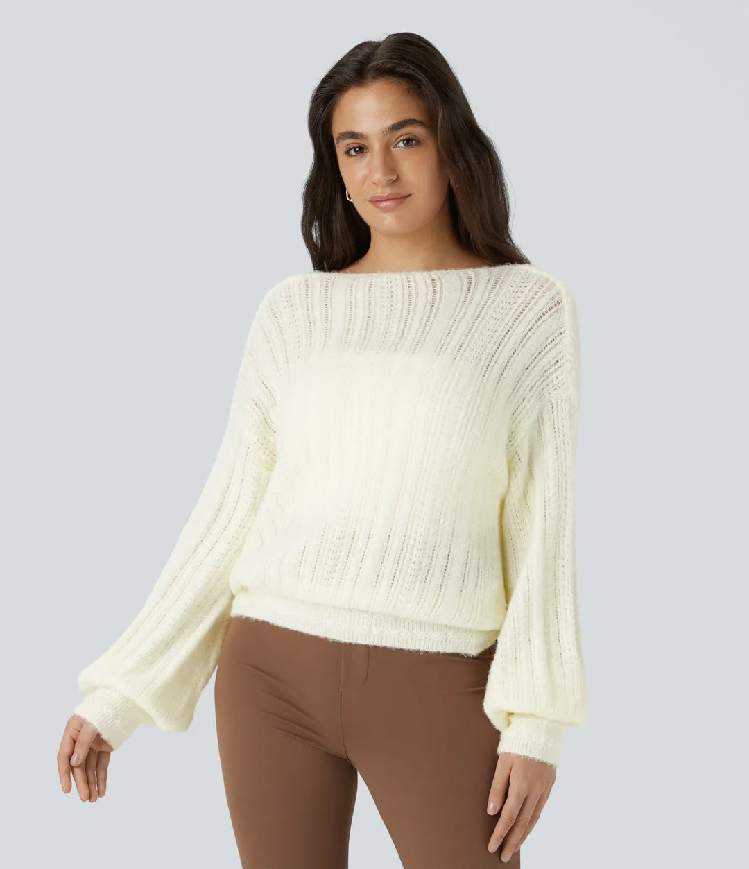 Sheer V Neck Long Sleeve Work Sweater-Front and Back Wearable