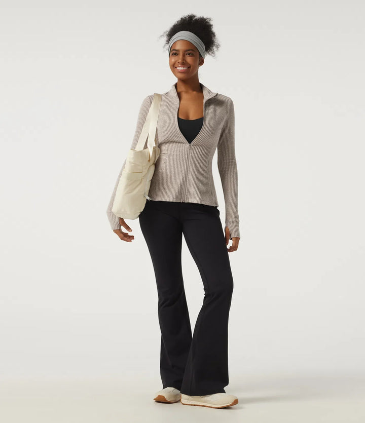 Ribbed Knit Mock Neck Long Sleeve Yoga Track Jacket with Pockets