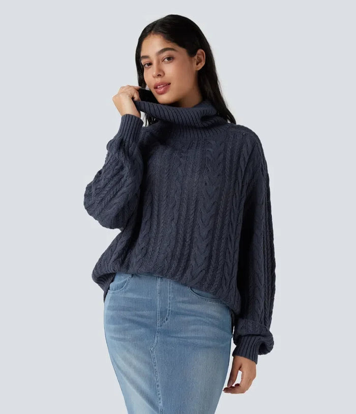 High Neck Long Sleeve Cable Knit Casual Sweater