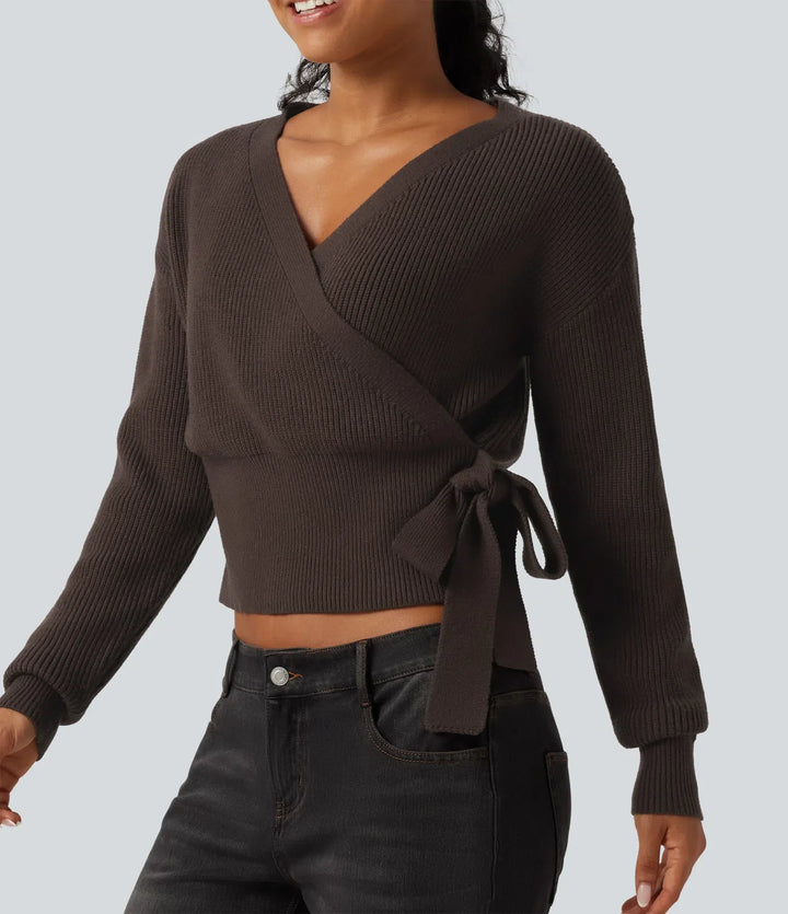V Neck Long Sleeve Tie Side Work Sweater