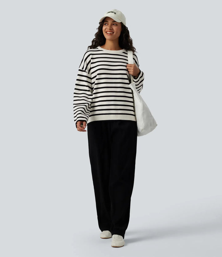 Round Neck Long Sleeve Stripe Decorative Button Casual Sweater