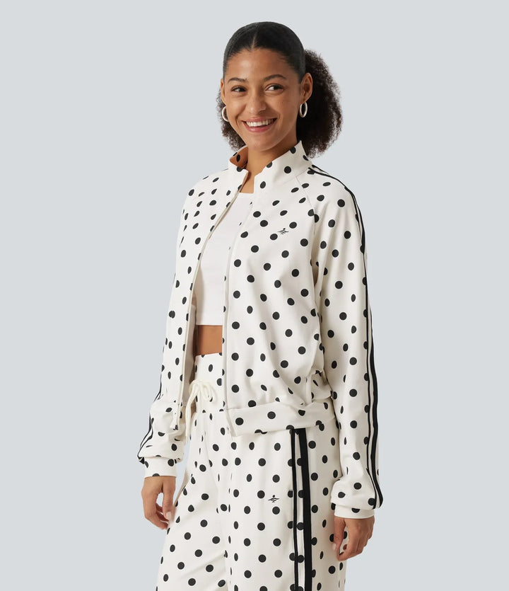 Stand Collar Polka Dot Side Stripe Casual Track Jacket with Pockets